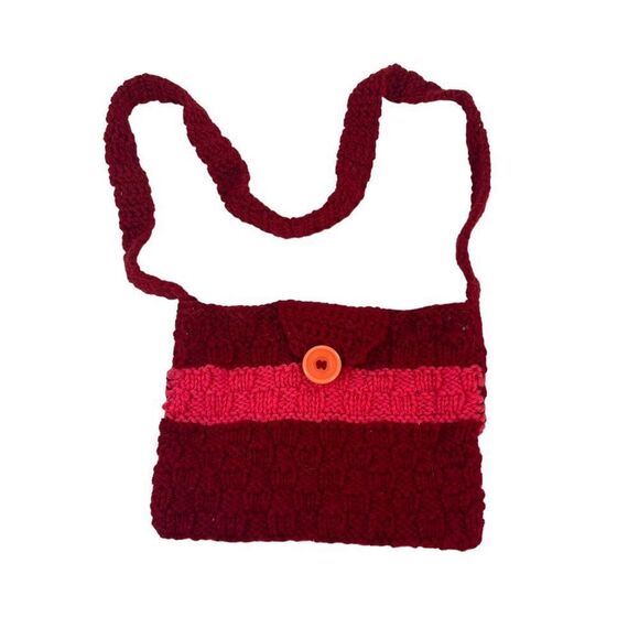 Handmade Crochet Knit Purse Set Red & Pink Yarn Button Shoulder Bag & Coin Pouch - Picture 7 of 11